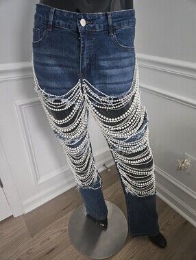 Women’s Blue Denim Jeans with Pearl Chain Detail